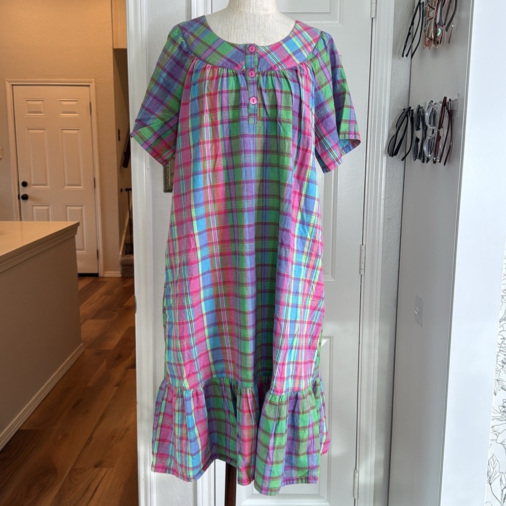 Vintage Neon plaid ruffle trim house dress